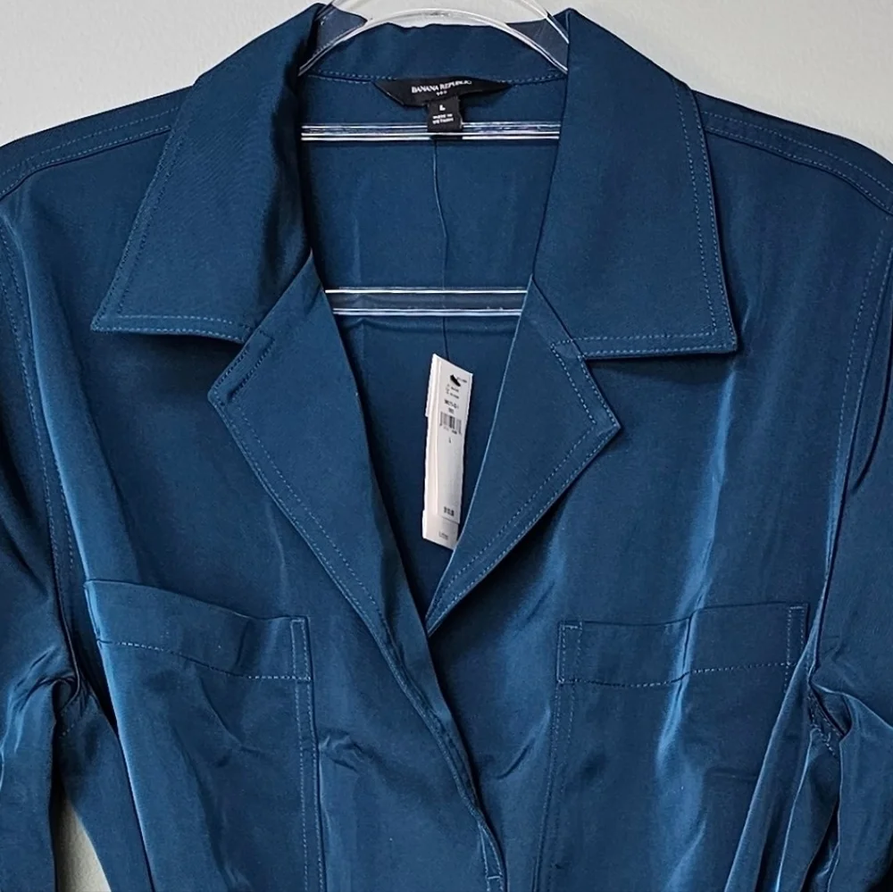 Banana Republic Women's Long Sleeve Satin Twill Mini Shift Dress in Teal Shadow
